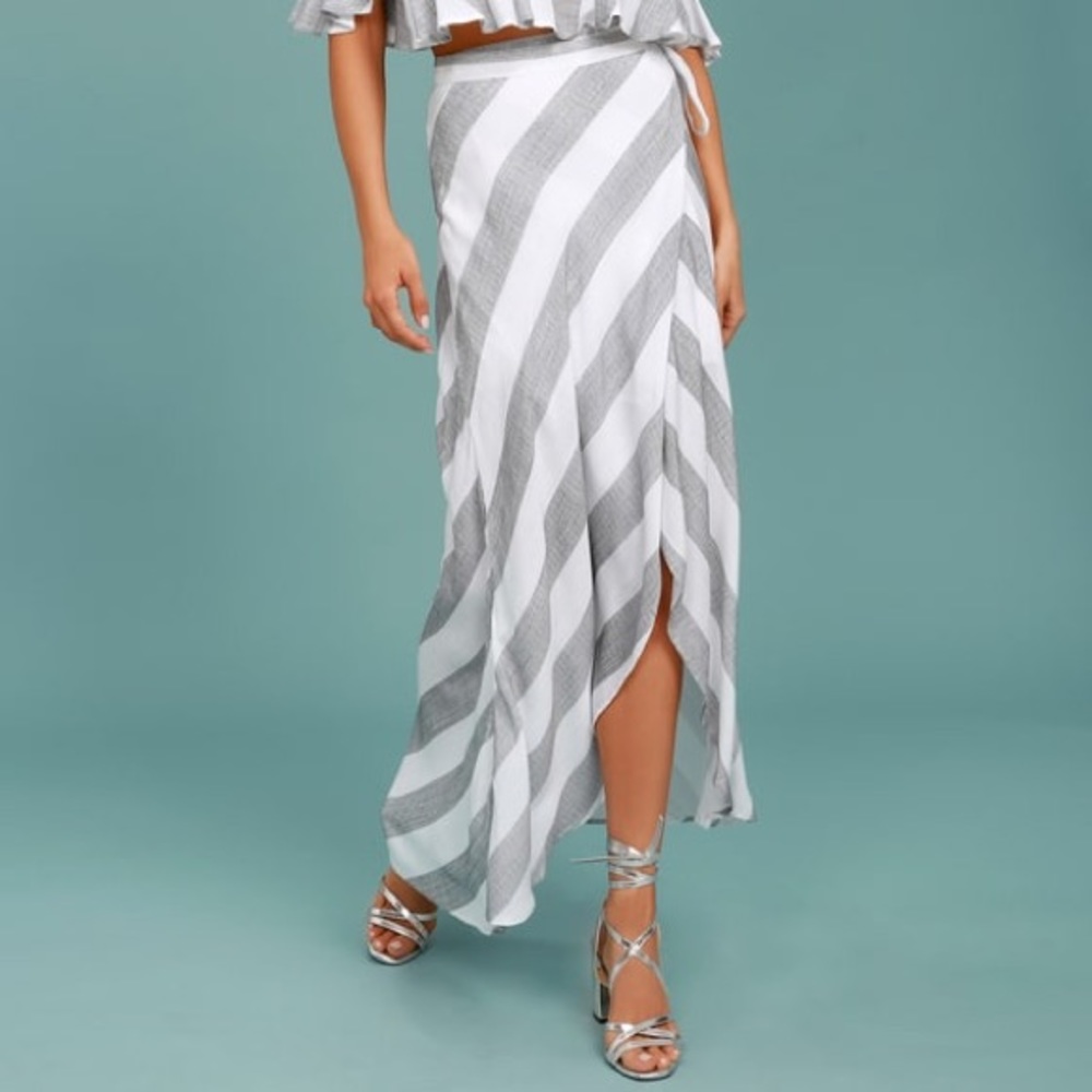 Lulus Grey White Stripe Maxi Wrap Skirt